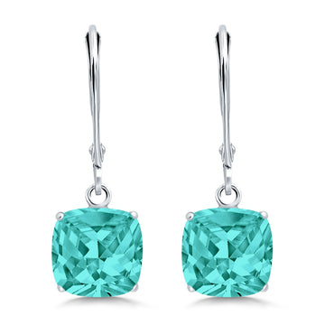 Cushion Cut Bridal Dangling Leverback Earrings Simulated Paraiba Tourmaline CZ 925 Sterling Silver (4mm-10mm)